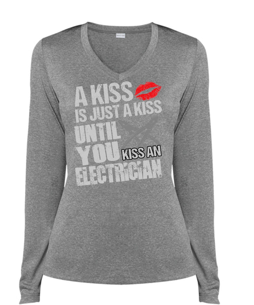 Kiss An Electrician T Shirt, I Love Electrician T Shirt, Cool Shirt (Ladies LS Heather V-Neck)
