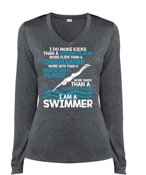 I Am A Swimmer T Shirt, Volleyball Player T Shirt, Cool Shirt (Ladies LS Heather V-Neck)