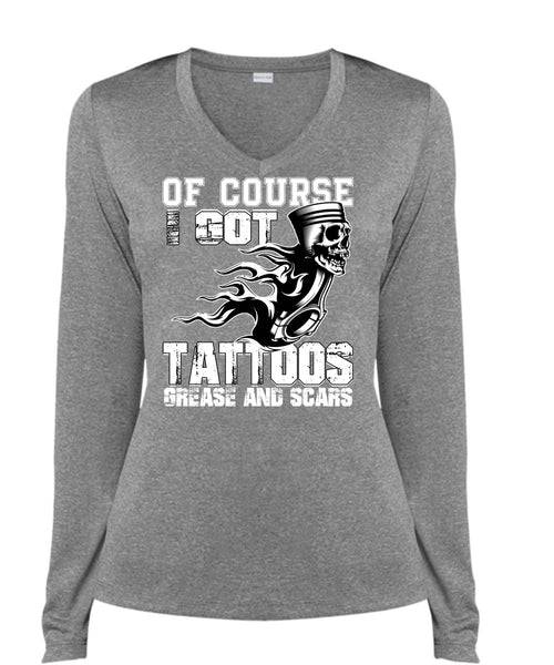 I Got Tattoos Grease T Shirt, I Love Mechanic T Shirt, Cool Shirt (Ladies LS Heather V-Neck)