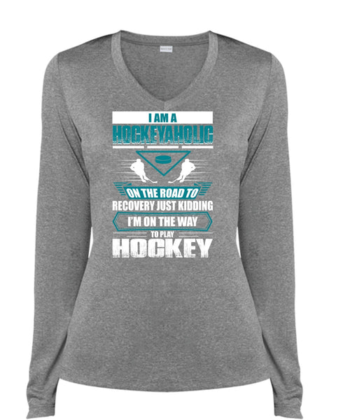 I Am A Hockeyaholic T Shirt, To Play Hockey T Shirt, Cool Shirt (Ladies LS Heather V-Neck)