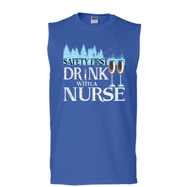 Safety First Drink With A Nurse T Shirt, Nurse Merry Christmas T Shirt, Cool T Shirt (Men's Cotton Sleeveless)