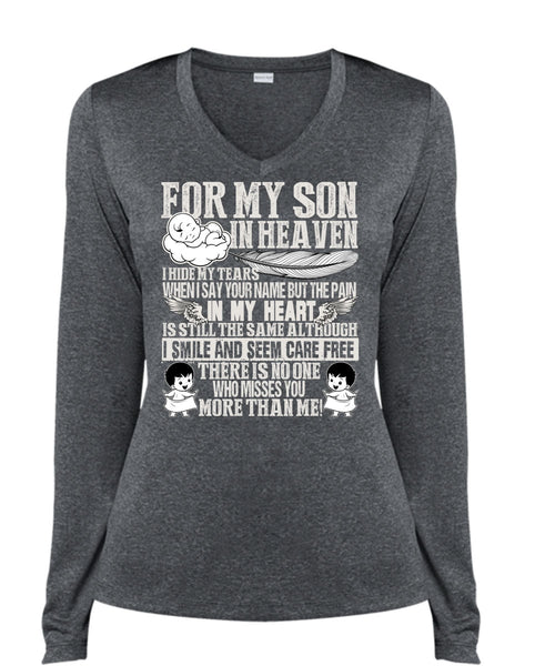 For My Son In Heaven T Shirt, Pain In My Heart T Shirt, Cool Shirt (Ladies LS Heather V-Neck)