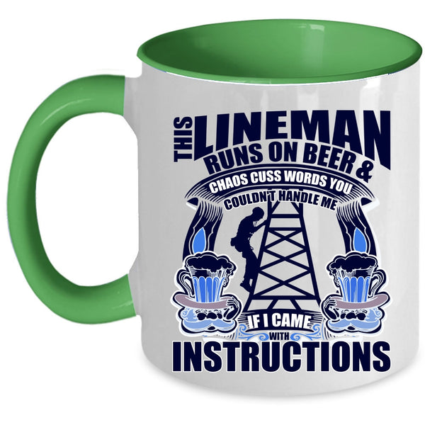 Awesome Linemans Coffee Mug, This Lineman Runs On Beer Accent Mug