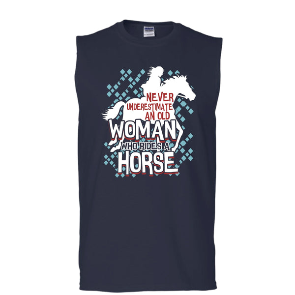 Never Underestimate T Shirt, An Old Man Who Rides A Horse T Shirt, Cool T Shirt (Men's Cotton Sleeveless)