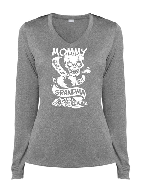 Mommy Knows A Lot But Grandma T Shirt, Being A Mom T Shirt, Cool Shirt (Ladies LS Heather V-Neck)