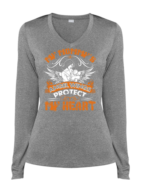 My Mommy's Angel Wings T Shirt, Protect My Heart T Shirt, Cool Shirt (Ladies LS Heather V-Neck)
