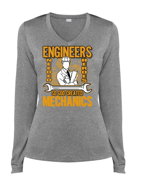 God Created Mechanics T Shirt, I Love Mechanic T Shirt, Cool Shirt (Ladies LS Heather V-Neck)
