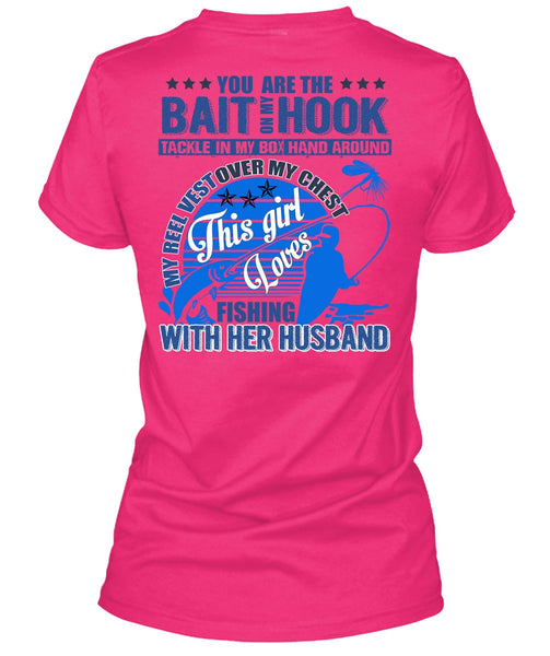 Fishing With Her Husband T Shirt, Bait On My Hook T Shirt, Cool Shirt (Ladies LS Heather V-Neck)
