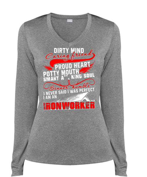 I Am An Ironworker T Shirt, Dirty Mind Caring Friend T Shirt, Cool Shirt (Ladies LS Heather V-Neck)