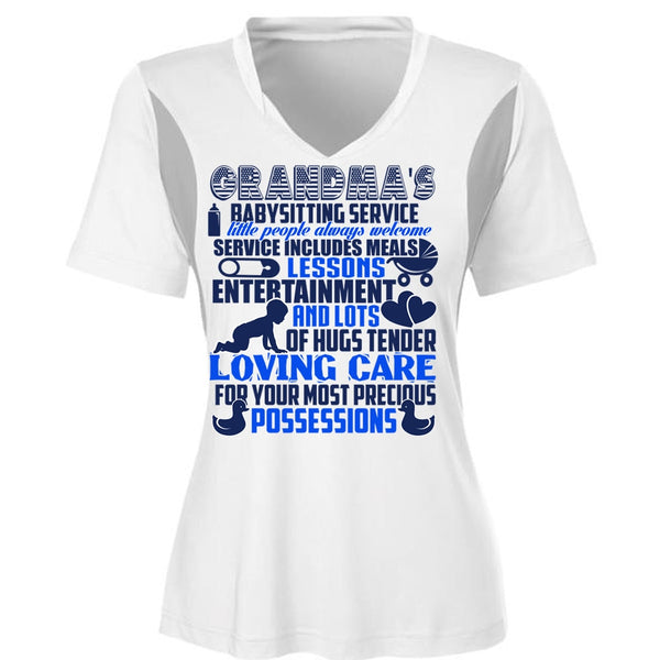Grandma's Babysitting Service T Shirt, Loving Care T Shirt, Cool Shirt (Ladies LS Heather V-Neck)