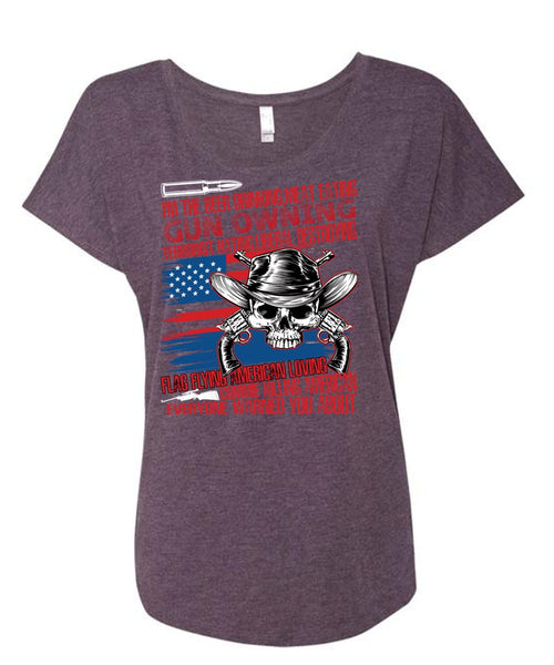 Meat Eating Gun Owning T Shirt, Flag Flying T Shirt, Cool Shirt (Ladies' Triblend Dolman Sleeve)