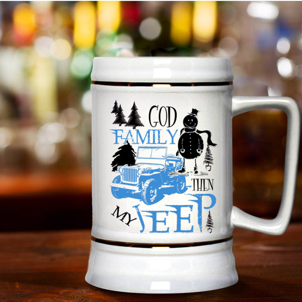 Cute Christmas Beer Stein 22oz, God Family Then My Jeep Beer Mug