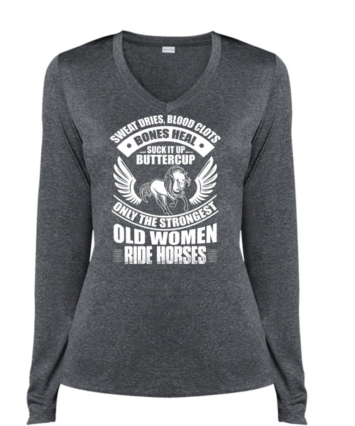 Strongest Old Women Ride Horses T Shirt, Sweat Dries T Shirt, Cool Shirt (Ladies LS Heather V-Neck)