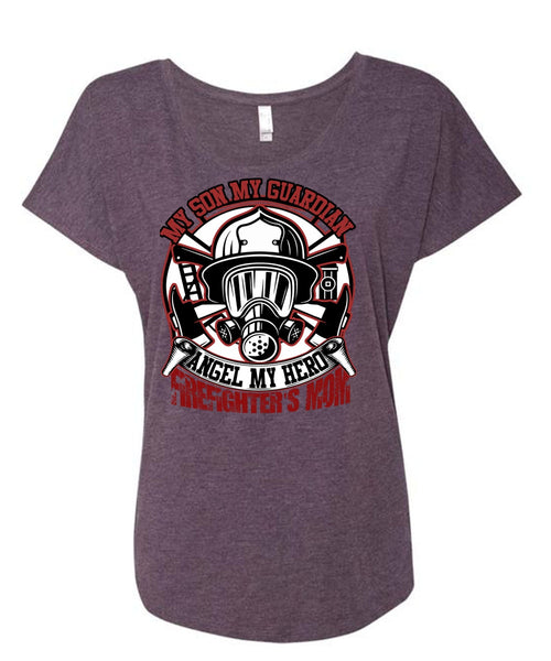 Firefighter's Mom T Shirt, My Son My Guardian Angel T Shirt, Cool Shirt (Ladies' Triblend Dolman Sleeve)