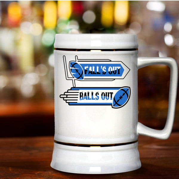 Funny Rugby Players Beer Stein 22oz, Fall's Out Balls Out Beer Mug