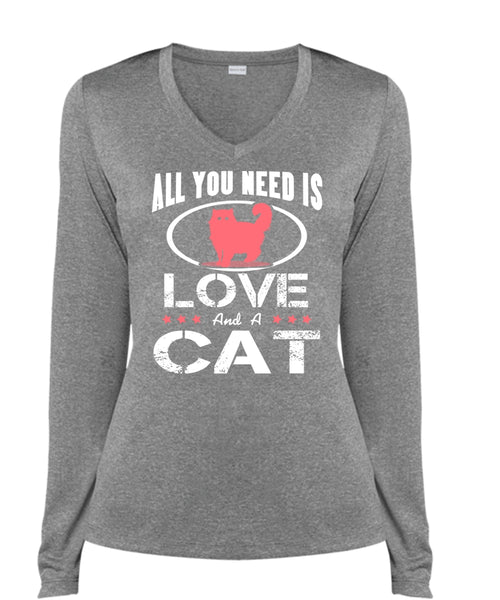 All You Need Is Love And A Cat T Shirt, My Pets T Shirt, My Favorite T Shirt (Ladies LS Heather V-Neck)