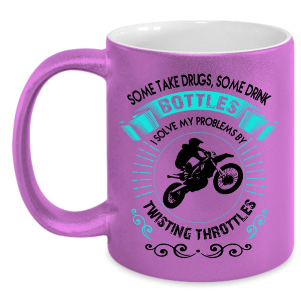 Funny Motorcycles Coffee Mug, I Solve My Problems By Twisting Throttles Accent Mug