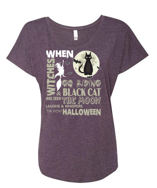 Go Riding And Black Cat Are Seen The Moon T Shirt, Tis Near Halloween T Shirt, Cool Shirt (Ladies' Triblend Dolman Sleeve)