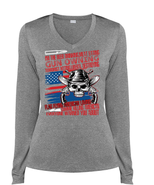 Meat Eating Gun Owning T Shirt, Flag Flying T Shirt, Cool Shirt (Ladies LS Heather V-Neck)