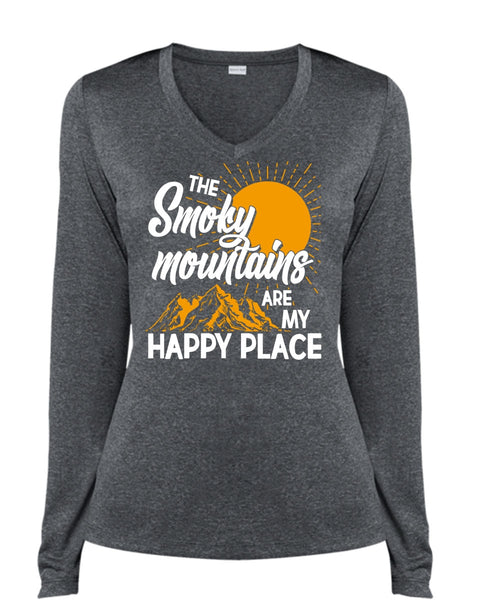 The Smoky Mountains Are My Happy Place T Shirt, My Favorite T Shirt, Cool Shirt (Ladies LS Heather V-Neck)
