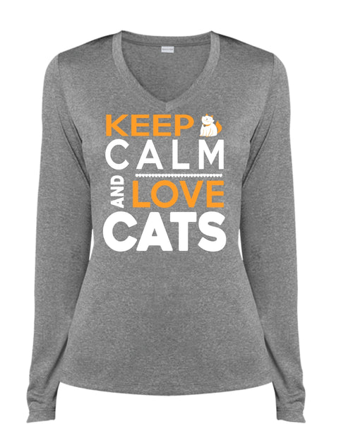 Keep Calm And Love Cats T Shirt, My Pets T Shirt, My Favorite T Shirt (Ladies LS Heather V-Neck)