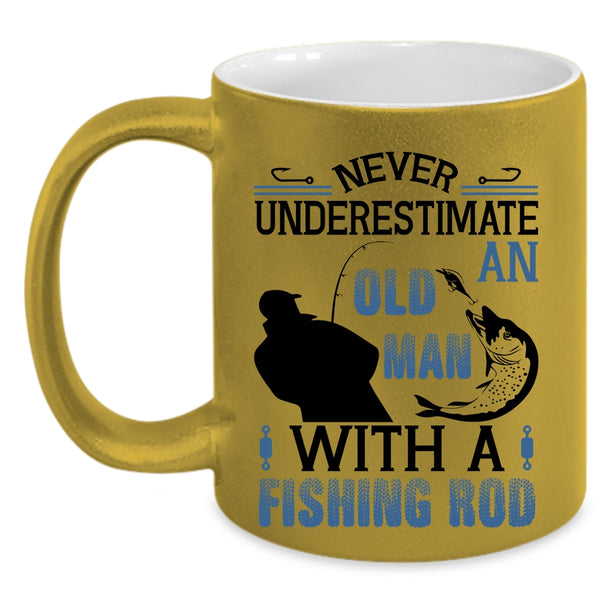 Funny Fishing Rod Coffee Mug, An Old Man With A Fishing Rod Accent Mug