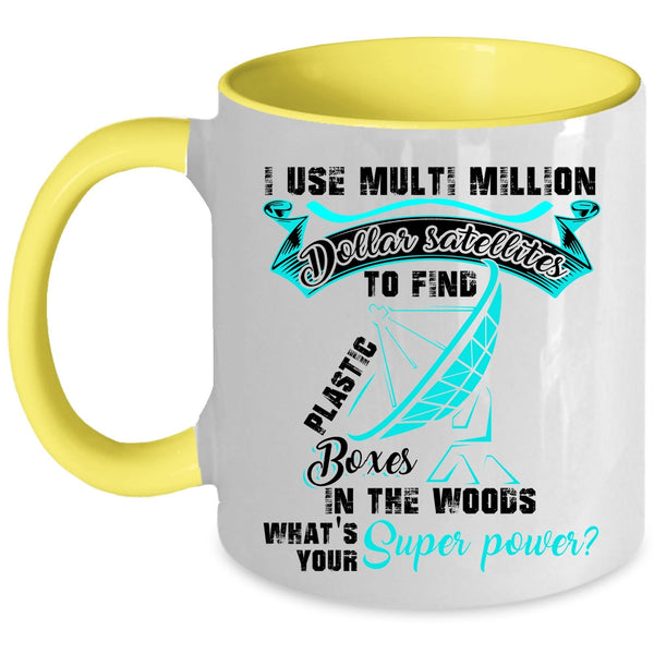Funny Geocaching Coffee Mug, Plastic Boxes In The Woods Accent Mug