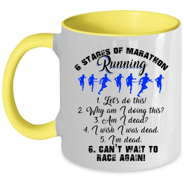 Funny Marathon Runner Coffee Mug, 6 Stages Of Marathon Running Accent Mug