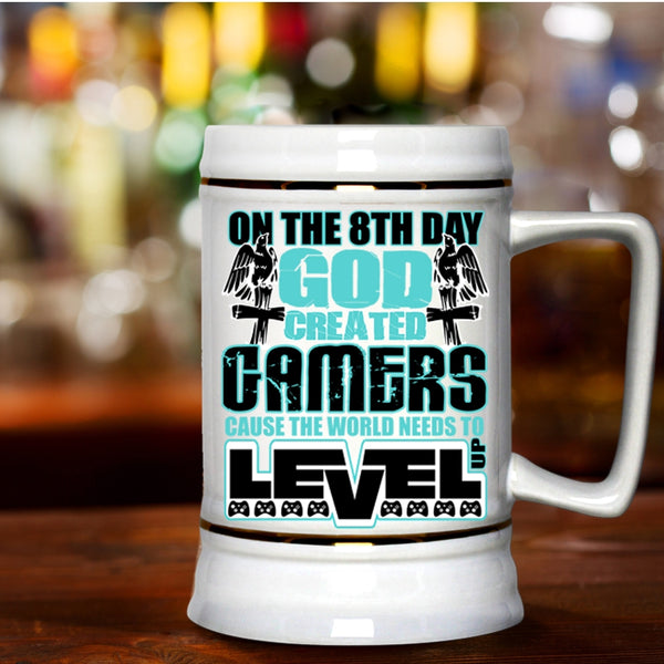 Awesome Gamers Beer Stein 22oz, On The 8th Day God Created Gamers Beer Mug
