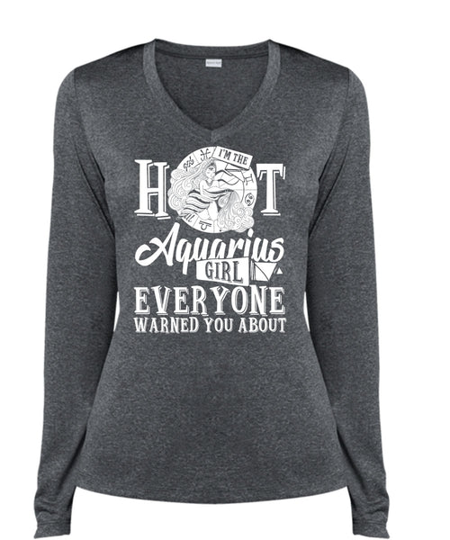 I'm The Hot Aquarius Girl T Shirt, I Love Aquarius T Shirt, Cool Shirt (Ladies LS Heather V-Neck)