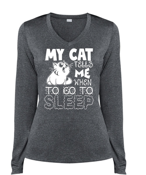 My Cat Tells Me T Shirt, To Go To Sleep T Shirt, Cool Shirt (Ladies LS Heather V-Neck)