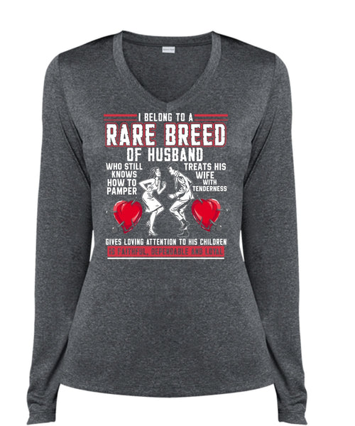 Rare Breed Of Husband T Shirt, Treats His Wife T Shirt, Cool Shirt (Ladies LS Heather V-Neck)