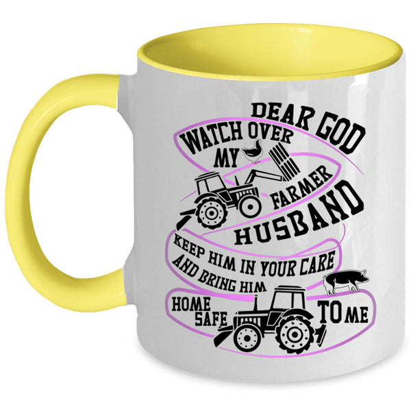 Cool Farmer Husband Coffee Mug, Watch Over My Farmer Husband Accent Mug