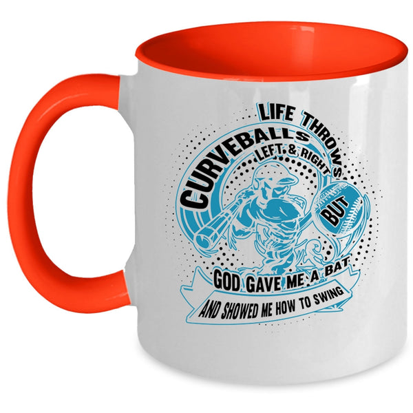 Funny Baseball Player Coffee Mug, Life Throws Curveballs Left And Right Accent Mug