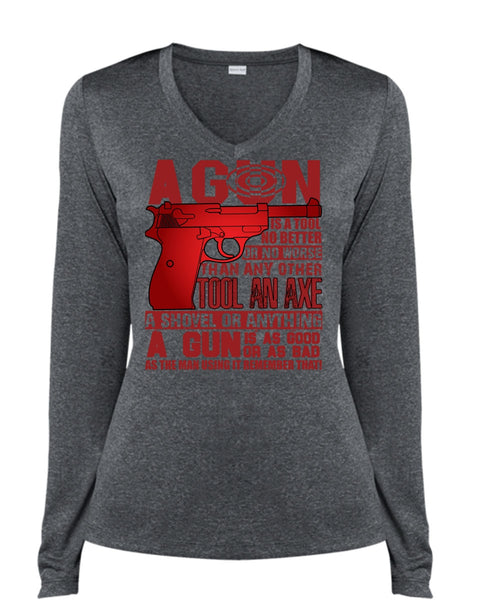 A Gun Is A Tool T Shirt, Being A Veteran T Shirt, Cool Shirt (Ladies LS Heather V-Neck)