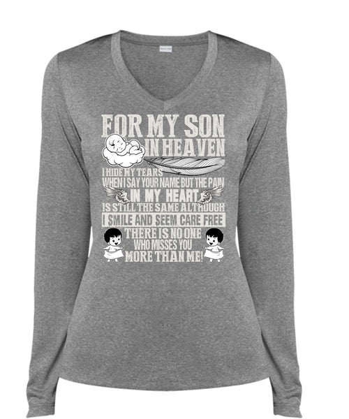 For My Son In Heaven T Shirt, Pain In My Heart T Shirt, Cool Shirt (Ladies LS Heather V-Neck)