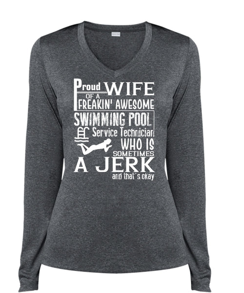 Proud Wife Of A Freaking Awesome Swimming T Shirt, Being A Swimmer T Shirt, Cool Shirt (Ladies LS Heather V-Neck)