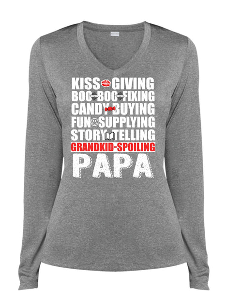 Grandkid-Spoiling Papa T Shirt, Kiss Giving T Shirt, Cool Shirt (Ladies LS Heather V-Neck)