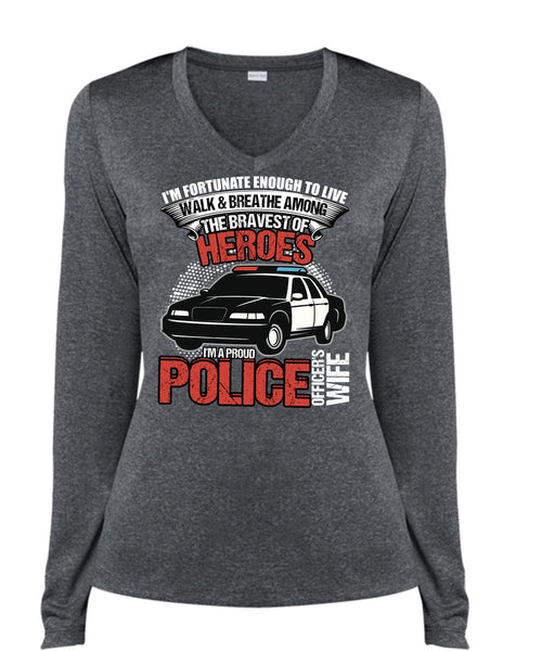 I'm A Proud Police Officer's Wife T Shirt, Being A Police T Shirt, Cool Shirt (Ladies LS Heather V-Neck)