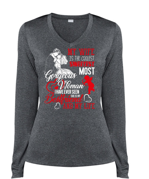My Wife Is The Coolest T Shirt, She Is My Best Friend T Shirt, Cool Shirt (Ladies LS Heather V-Neck)