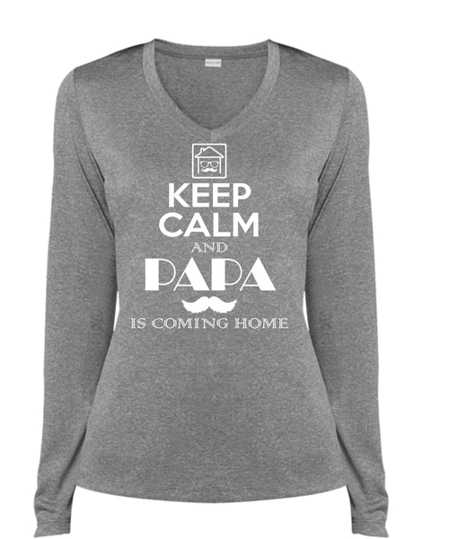 Keep Calm And Papa Is Coming Home T Shirt, Father's Day T Shirt (Ladies LS Heather V-Neck)