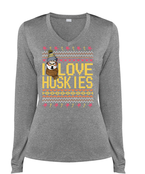 I Love Huskies T Shirt, This Girl Loves Christmas T Shirt, Cool Shirt (Ladies LS Heather V-Neck)
