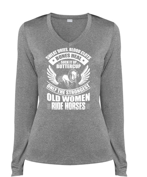 Strongest Old Women Ride Horses T Shirt, Sweat Dries T Shirt, Cool Shirt (Ladies LS Heather V-Neck)