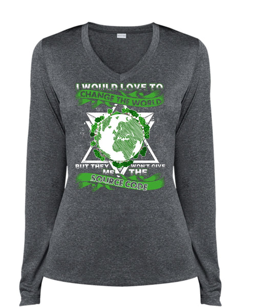I Would Love To Change The World T Shirt, Source Code T Shirt, Cool Shirt (Ladies LS Heather V-Neck)