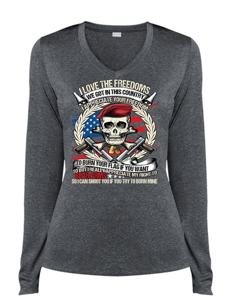 I Love The Freedoms T Shirt, Being A Veteran T Shirt, Cool Shirt (Ladies LS Heather V-Neck)