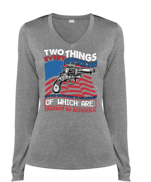 Two Things Every American T Shirt, Being A Gunner T Shirt, Cool Shirt (Ladies LS Heather V-Neck)