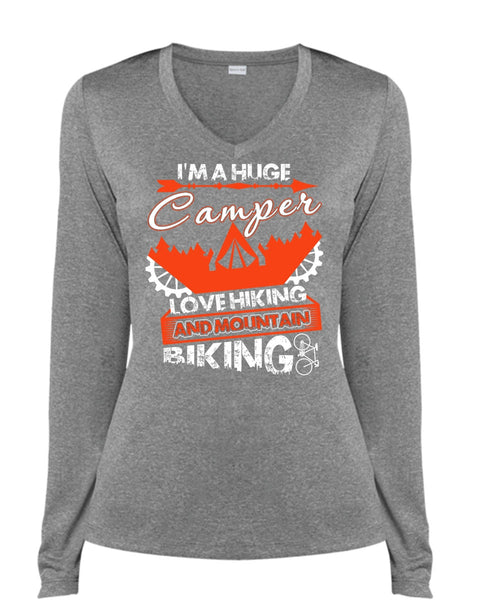I'm A Huge Camper T Shirt, Mountain Biking T Shirt, Cool Shirt (Ladies LS Heather V-Neck)