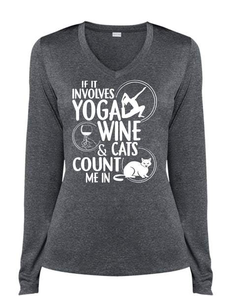 If It Involves Yoga Wine T Shirt, Cats Count Me In T Shirt, Cool Shirt (Ladies LS Heather V-Neck)
