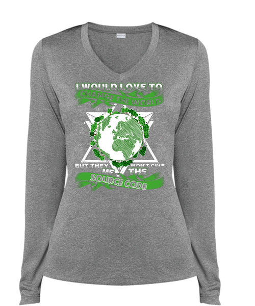 I Would Love To Change The World T Shirt, Source Code T Shirt, Cool Shirt (Ladies LS Heather V-Neck)