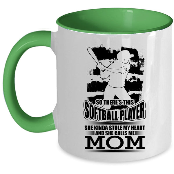 She Calls Me Mom Coffee Mug, This Softball Player Kinda Stole My Heart Accent Mug